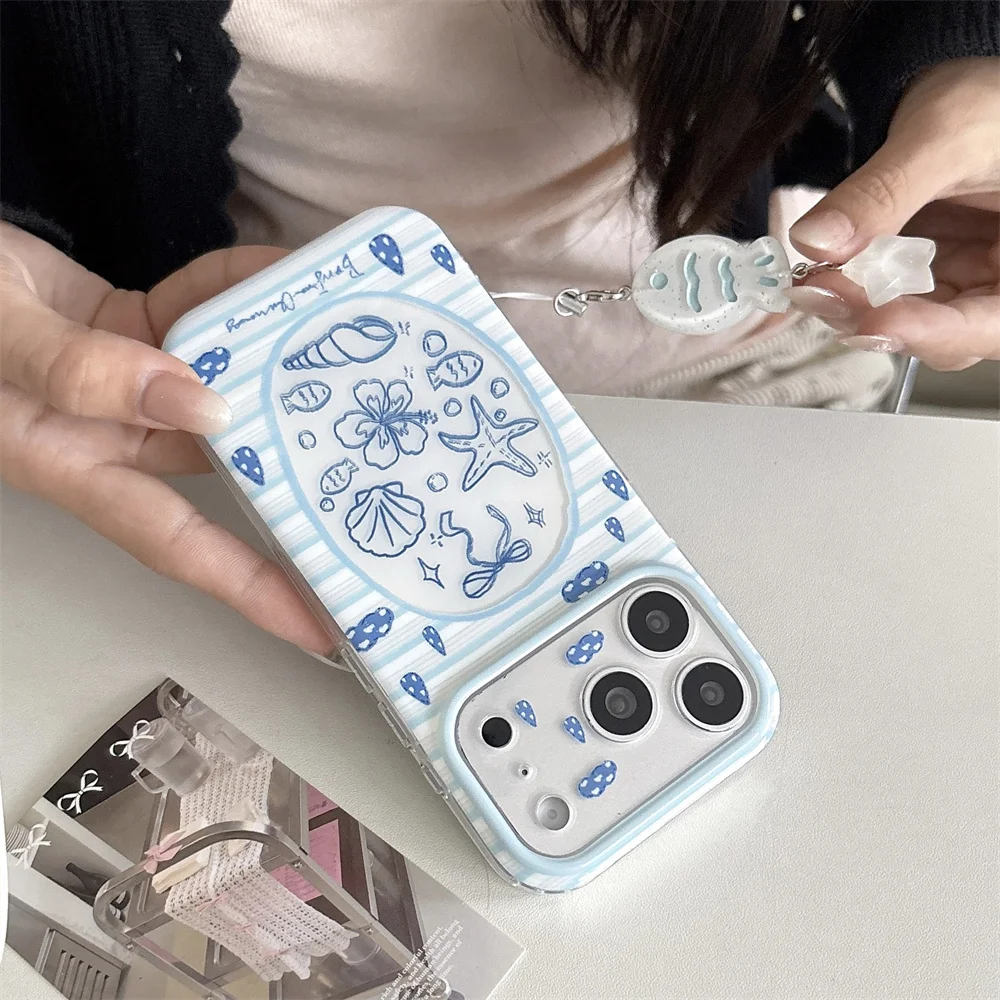 Cute Ocean Cartoon INS Line Phone Case for iPhone 15 Pro 14 13 16 17 16 Pro 17 Max Cover With Small Fish Charm Shockproof Cases