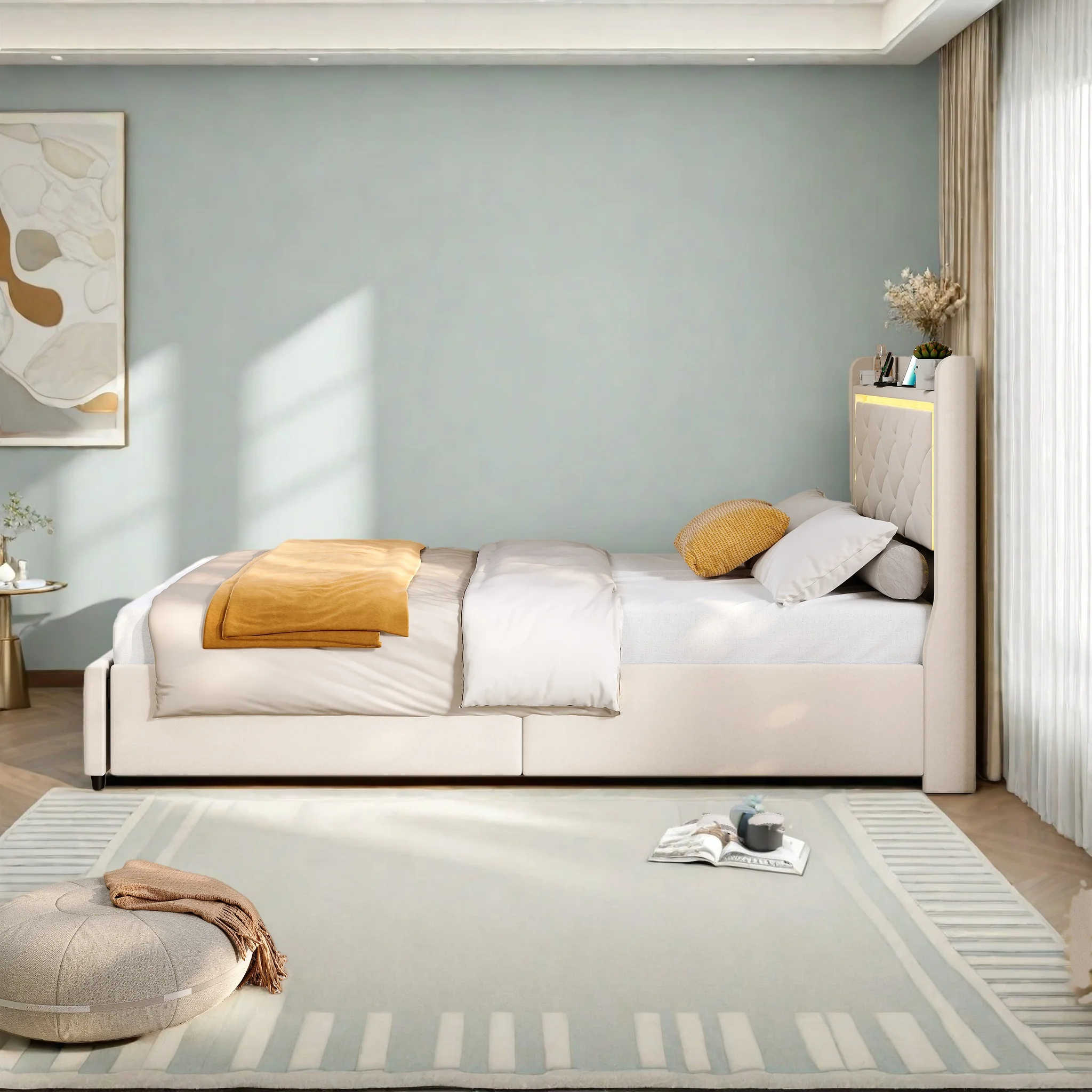 Letto singolo imbottito 90x200 cm in velluto color beige, con 2 cassetti e spazio contenitivo, testiera imbottita, struttura a doghe, senza materasso.