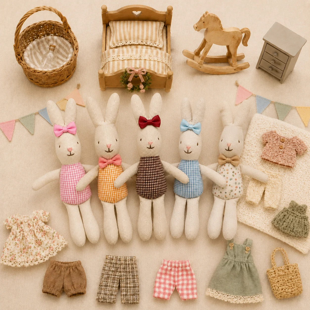 13cm Cute Linen Bunny Plush Doll 1PCS, Gingham Outfit Bow Tie Rabbit Stuffed Toy, Children’s Day Birthday Gift