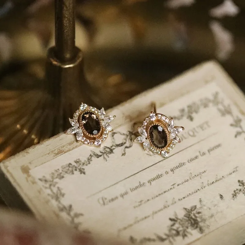 925 Sterling Silver Plated 14K Gold Vintage Delicate Inlay Coffee Colored Zirconia Kolczyki dla kobiet Wysokiej jakości biżuteria imprezowa — zdjęcie 2