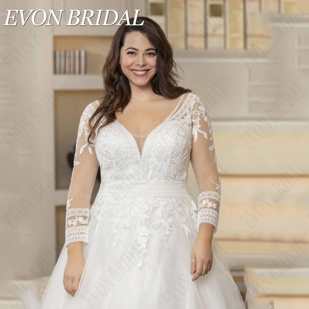 EVON BRIDAL 초대형 웨딩드레스 긴팔 V넥 스티커 A자 신부 드레스 단추 뒤 스커트 웨딩드레스EVON BRIDAL 오버사이즈 웨딩 원피스, 긴 소매 V넥 아플리케 A라인 신부 가운, 단추 백 스위프 트레인 웨딩 드레스