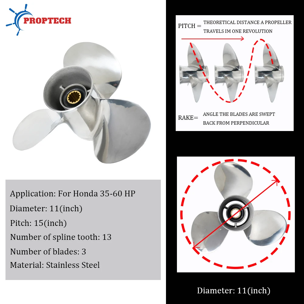 Stainless Steel Boat Propeller 11x15 Fit Honda BF35 40 45 50 60HP Outboard Engine 13 Spline Tooth RH 59133-ZV5-015AH