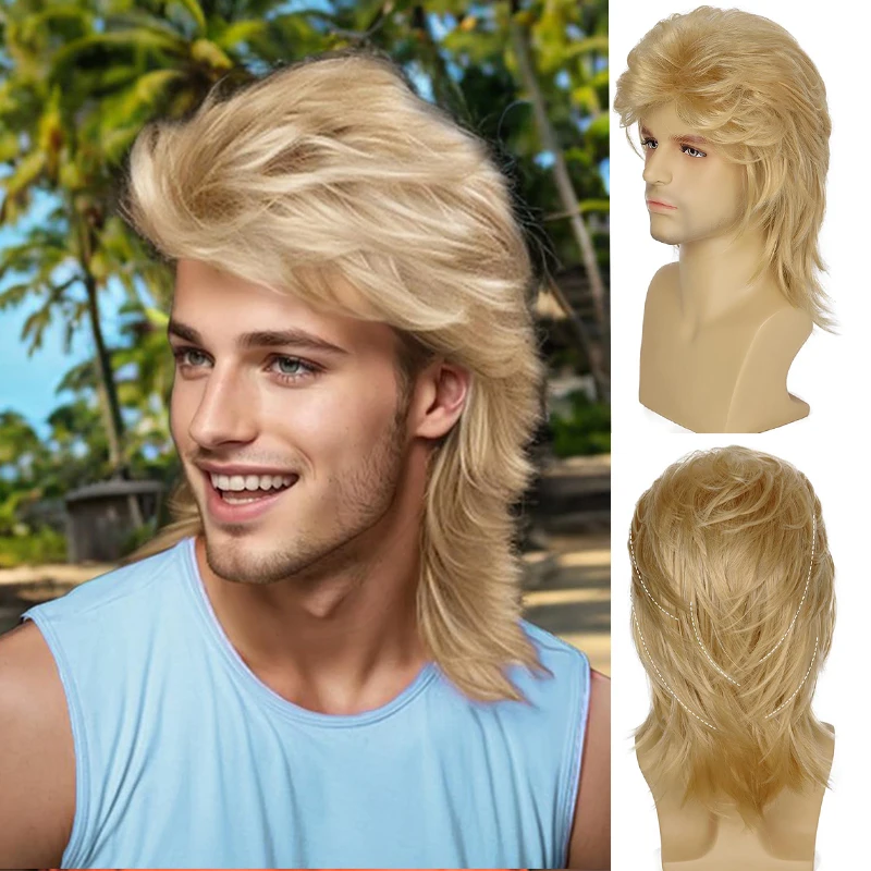 

70s 80s Fancy Dress Party Wig Mens Long Blonde Curly Punk Rock Synthetic Wig Halloween Costume