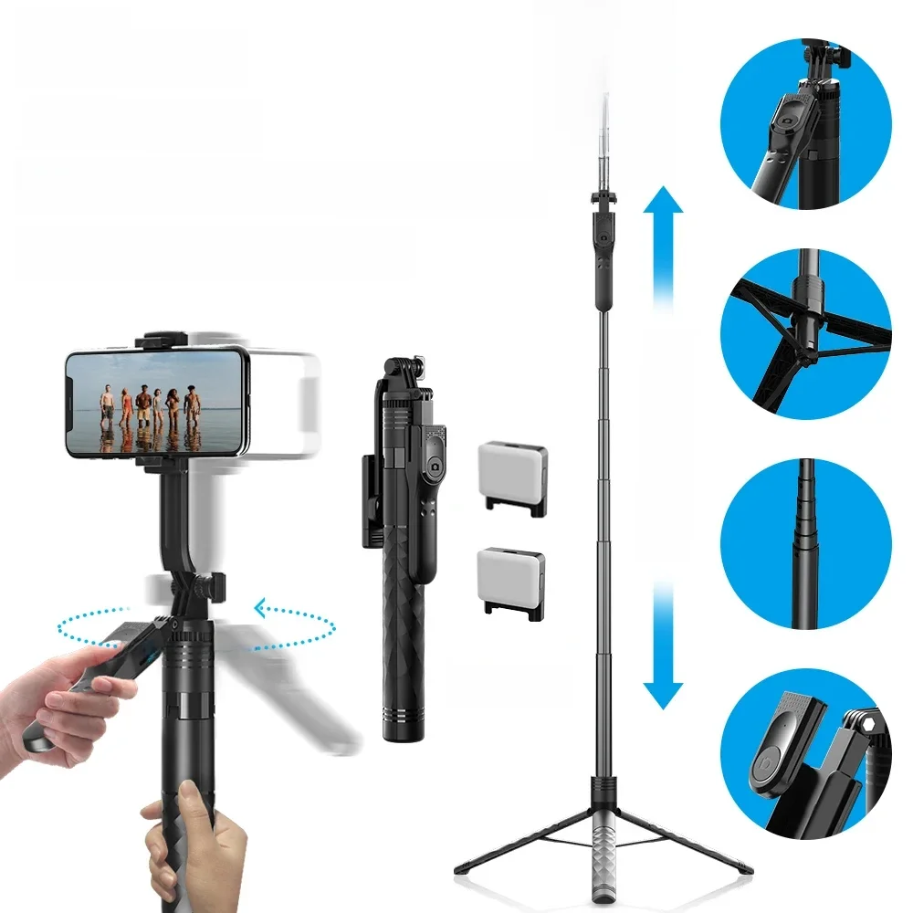 FANGTUOSI 1750mm bezprzewodowy kijek do selfie stojak trójnóg składany monopod z oświetleniem Led do smartfonów balans stabilne fotografowanie na żywo — zdjęcie produktu 7