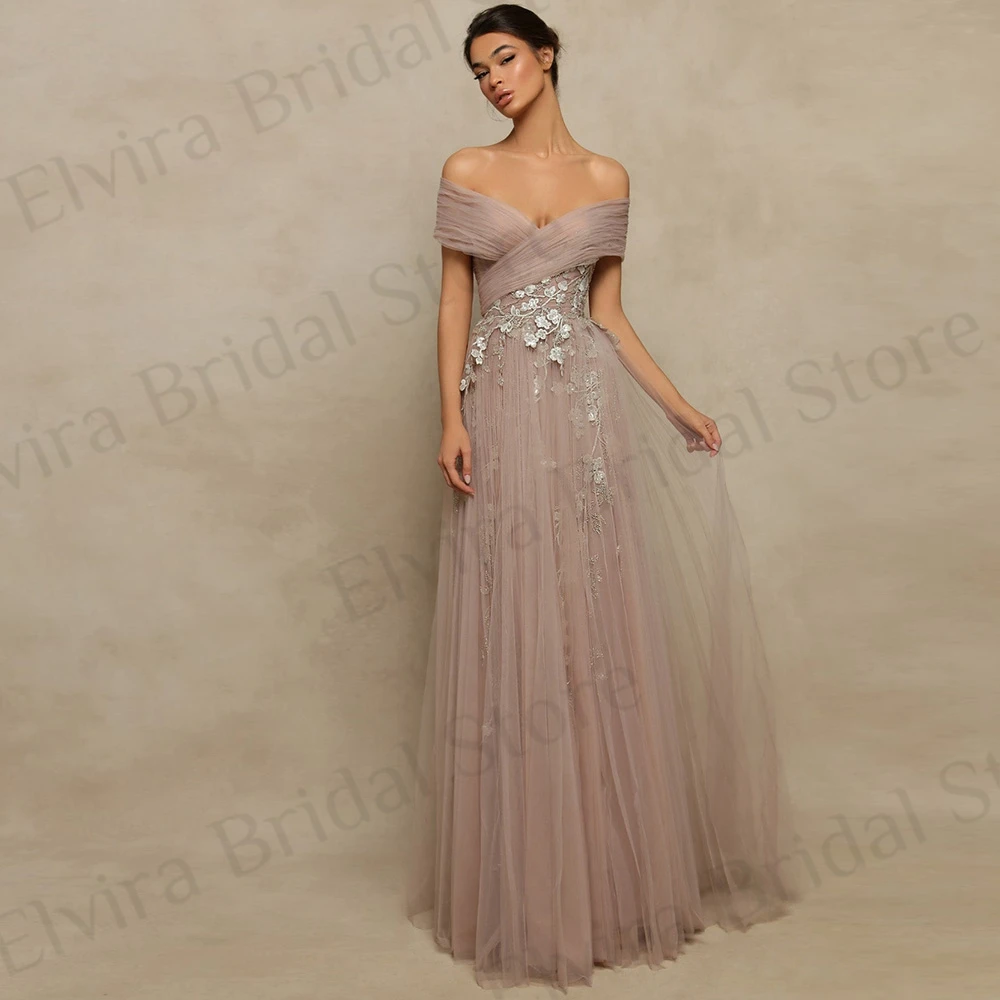 Customized Elegant Tulle A-Line Evening Dresses Women Floor Length Applique Sequins Beads Off The Shoulder Backless V-Neck Long