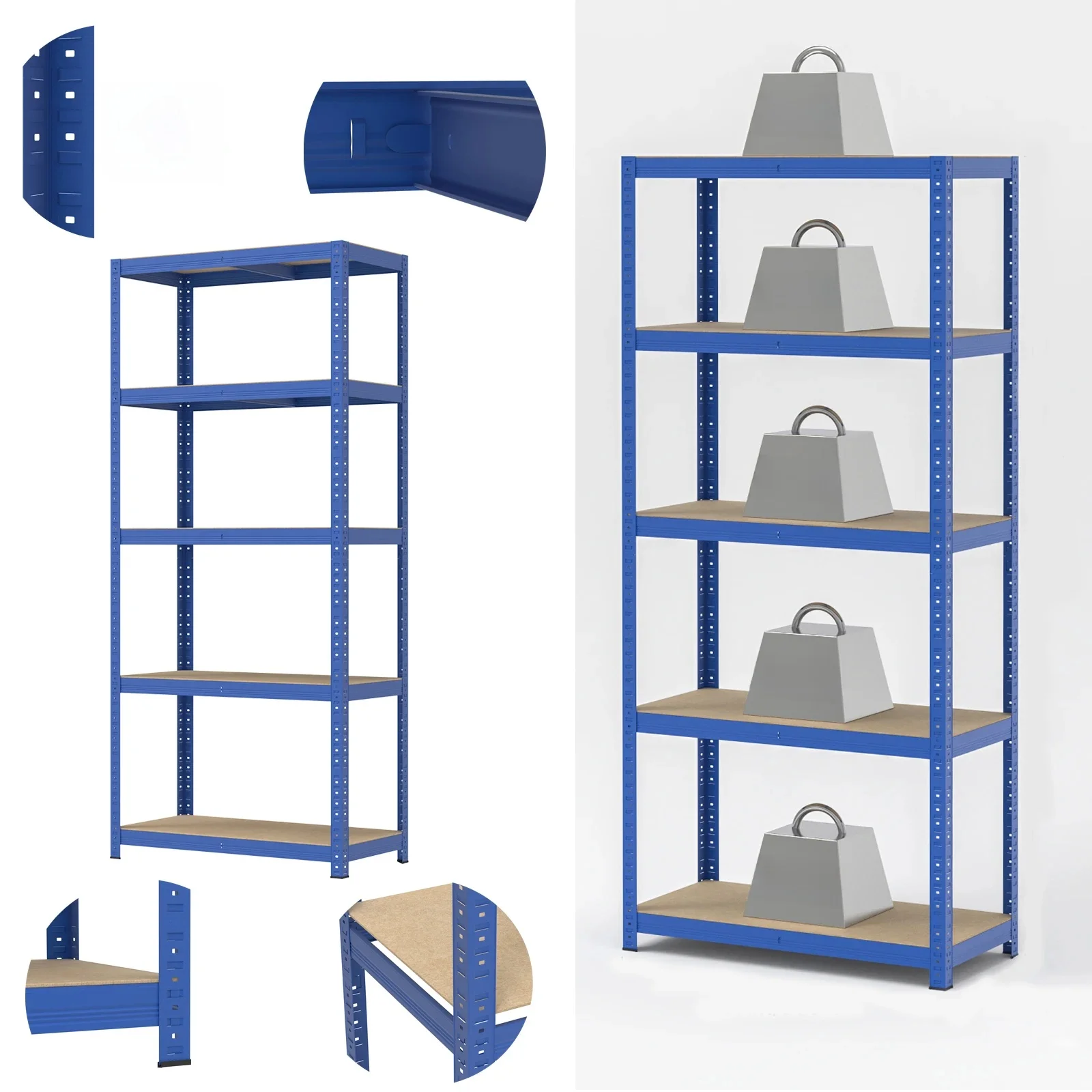 Zwaar uitgevoerde rek, metalen frame, 5x MDF-planken, in hoogte verstelbaar, garageplank voor garageopslag, blauw - afbeelding 2