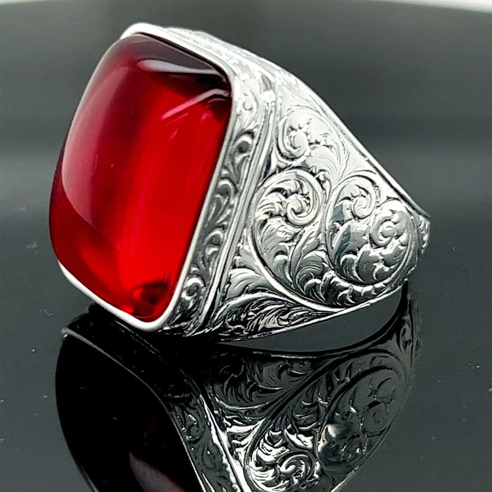 Silver Handmade Natural Ruby Stone Ottoman Style Men Ring 925k Silver Gift For Him