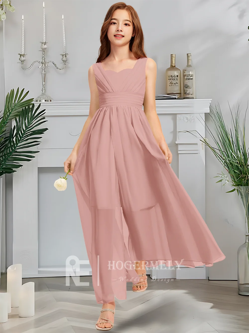 FD Kids Dusty Rose Sweetheart Junior Bridesmaid Dress Flower Girl Dress Chiffon Asymmetrical Design For Girls Special Party Wear