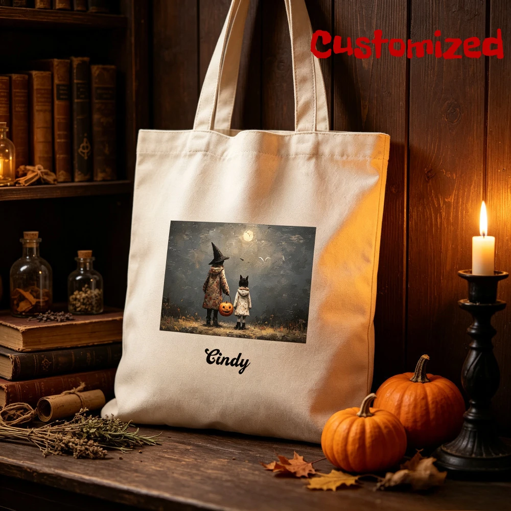 2026 New Custom Name Halloween Canvas Tote Bag Print Trick or Treat Candy Bag Reusable Handbag Holiday Party Gift.Cute Gift.