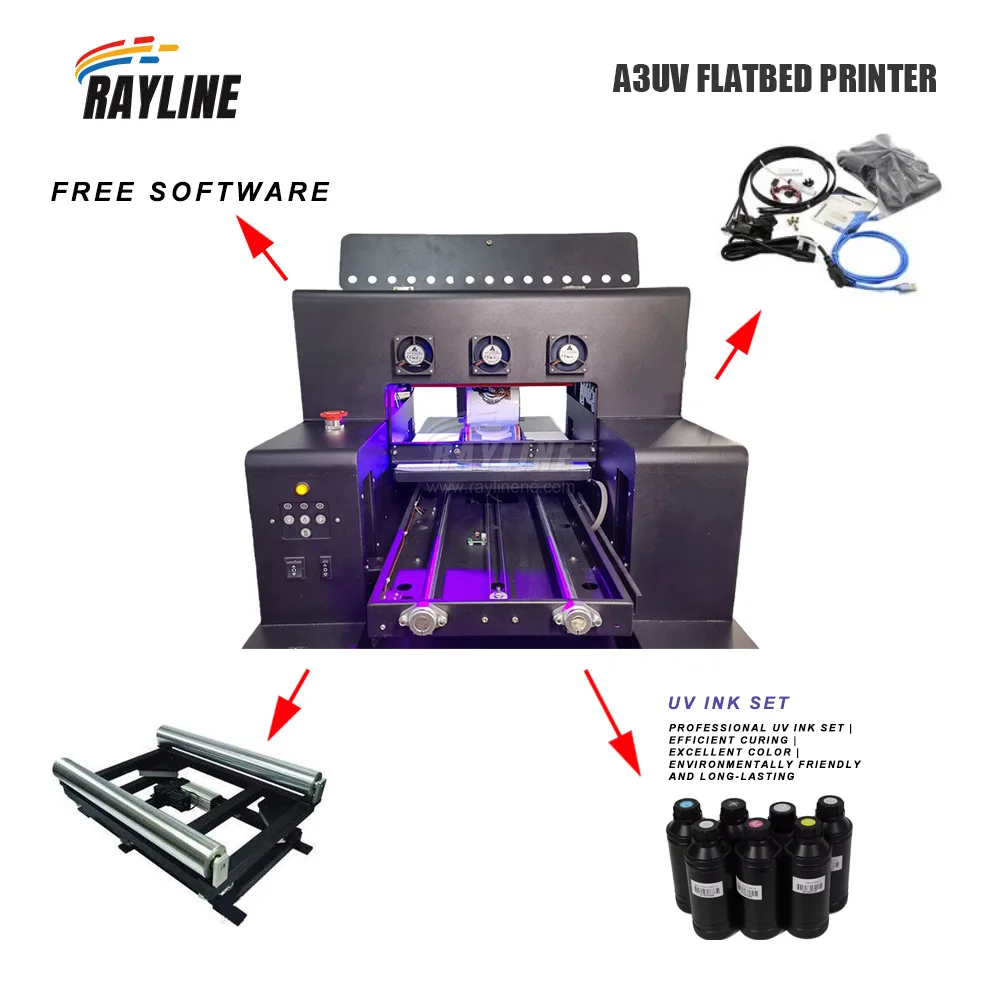 A3 Multifunctional LED UV Flatbed Printer CMYKW+Varnish Phone Case, Glass,Cylinder Bottle Multi-layer Small UV Printer