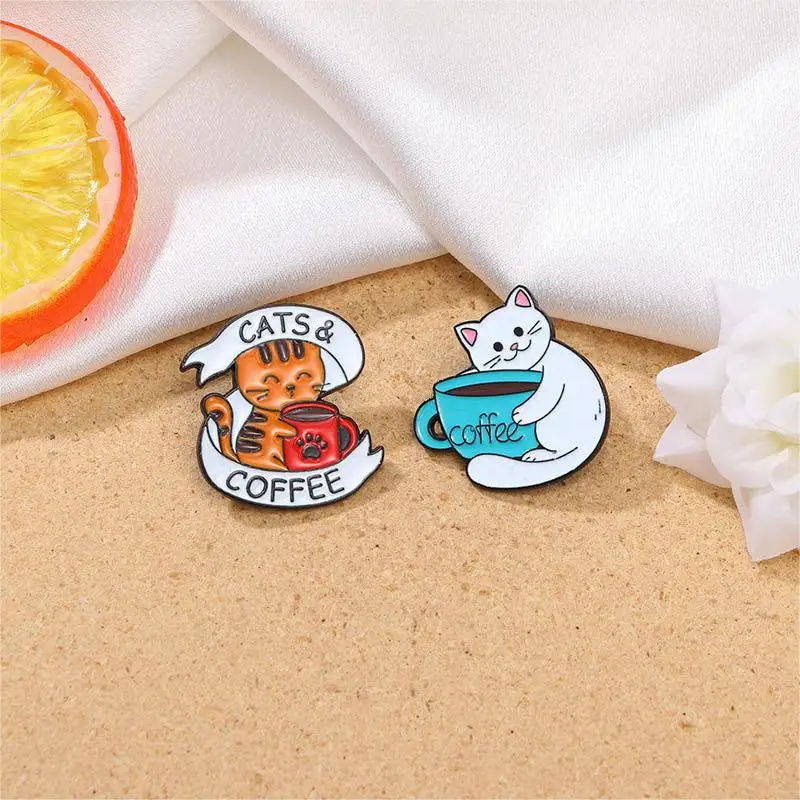 Cartoon Letter Coffee Cup Cat Enamel Brooch Cute Creative Backpack Clothing Accessories Decoration Alloy Lapel Pin Badge