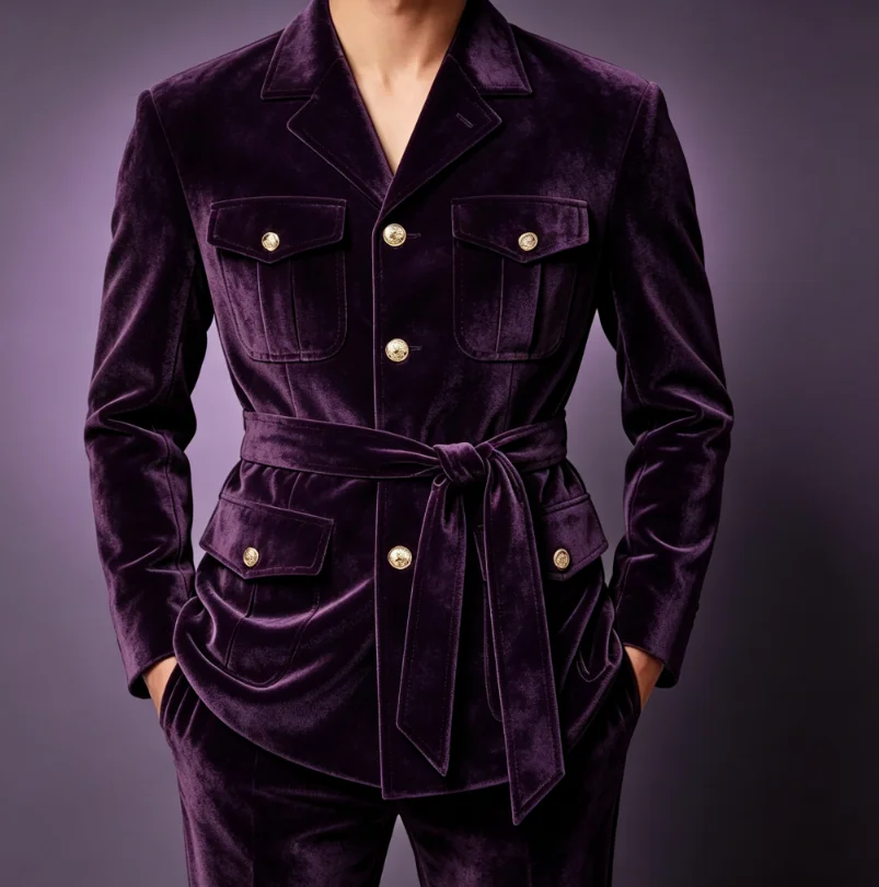Customized 2 Piece Slim Fit Men's Vintage Chinese Suit Single Breasted Multi-Pocket Blazer And Pants Set for Special Occasions