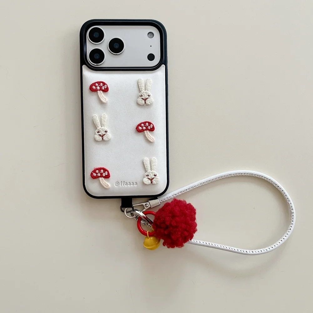 

Cute white background embroidered mushroom bunny phone case, suitable for iPhone 14/15/16/17 Pro Max, shockproof protective case