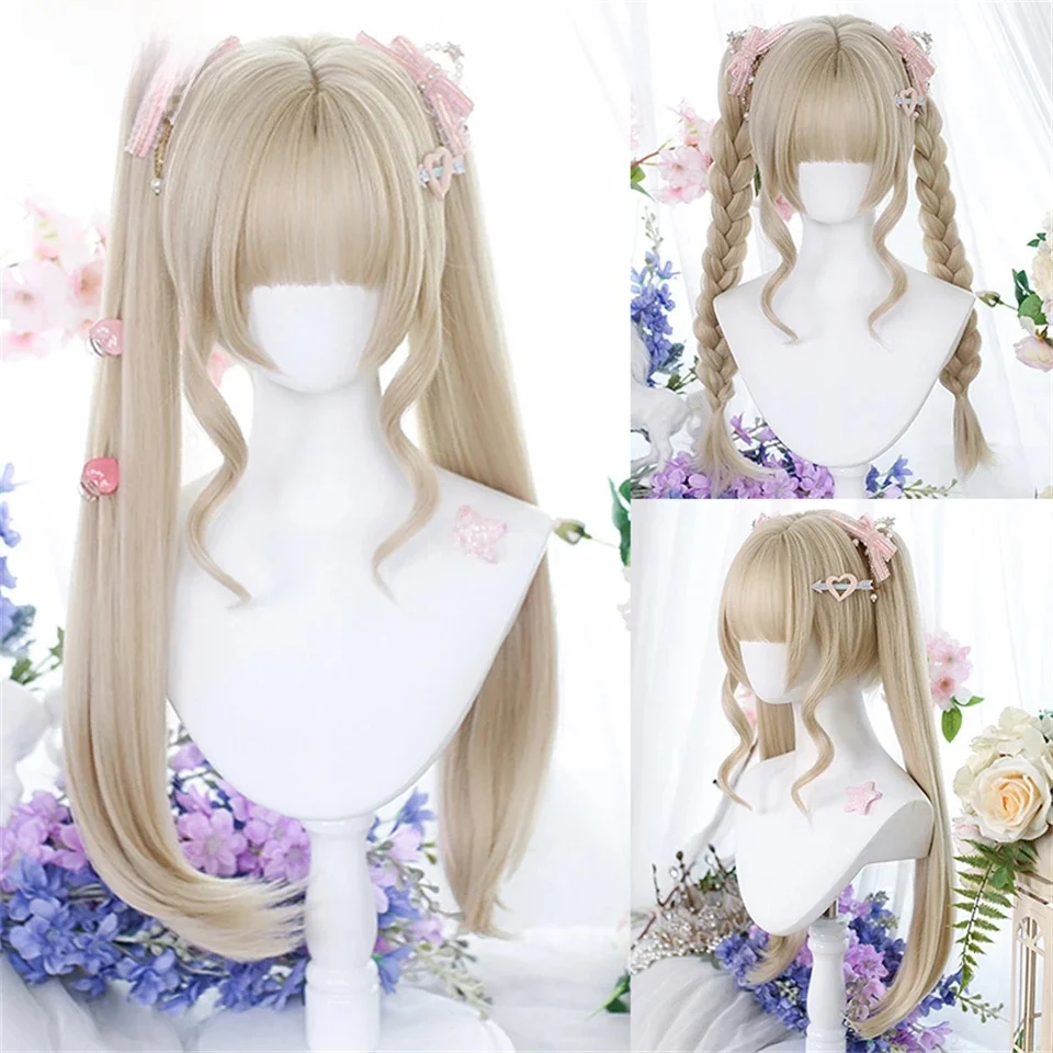 LM-Perruque Synthétique Noire avec Longue Queue de Cheval pour Femme, Perruque Courte et Droite Lolita, Perruque Blonde avec Frange pour Cosplay Party Harajuku