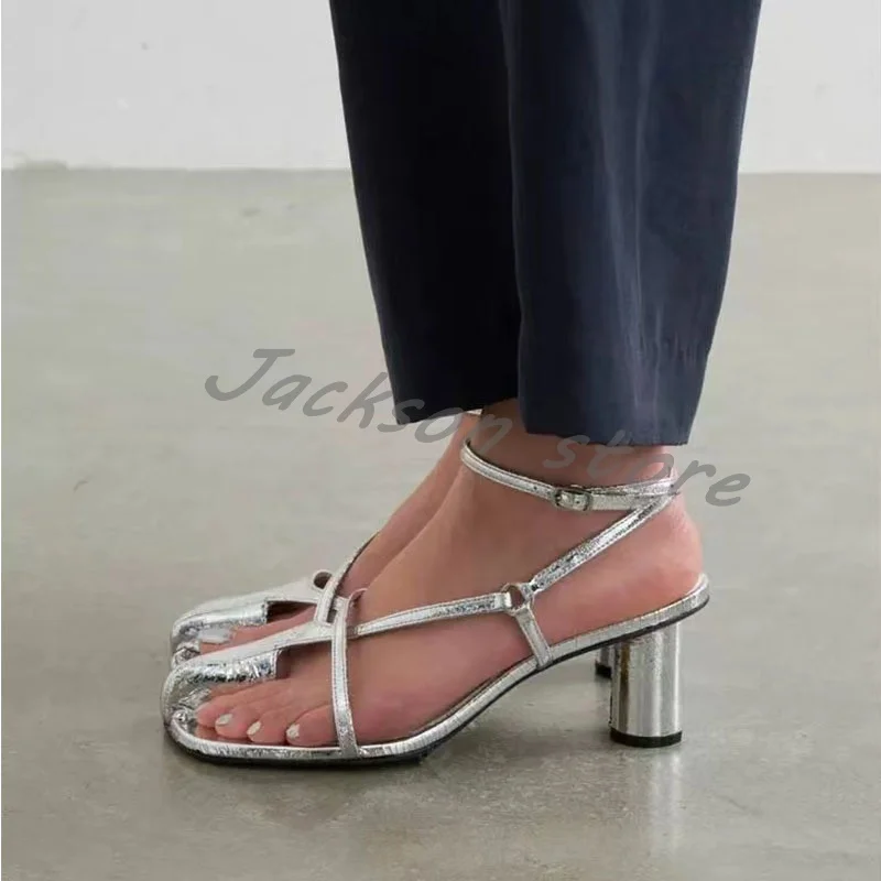 Silver Metallic Leather Round Toe Thick Heel Sandals for Women Casual Cross Strap Buckle High Heels Sexy Strappy Open Toe Pumps