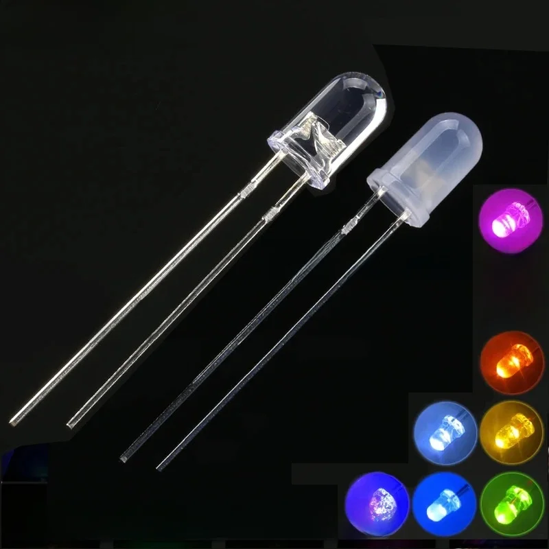 100 sztuk/partia Przezroczyste/Dyfuzyjne Diody LED 5mm F5 3mm F3 Białe Żółte Niebieskie Czerwone Szmaragdowozielone Lampki Sygnalizacyjne Super Jasne — zdjęcie 2