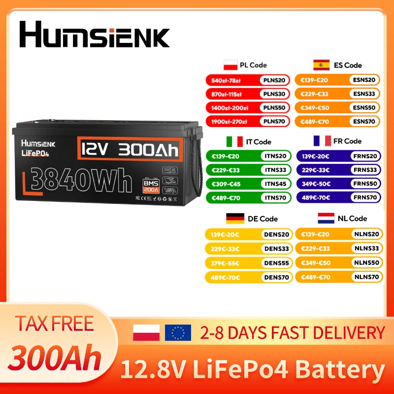 Humsienk 12V 300Ah LiFePO4 Batterie 3968Wh Energie 200A BMS Grade A+ Zellen für Wohnmobil/Marine/Camping/USV/Haushaltsstromspeicher/Off-Grid
