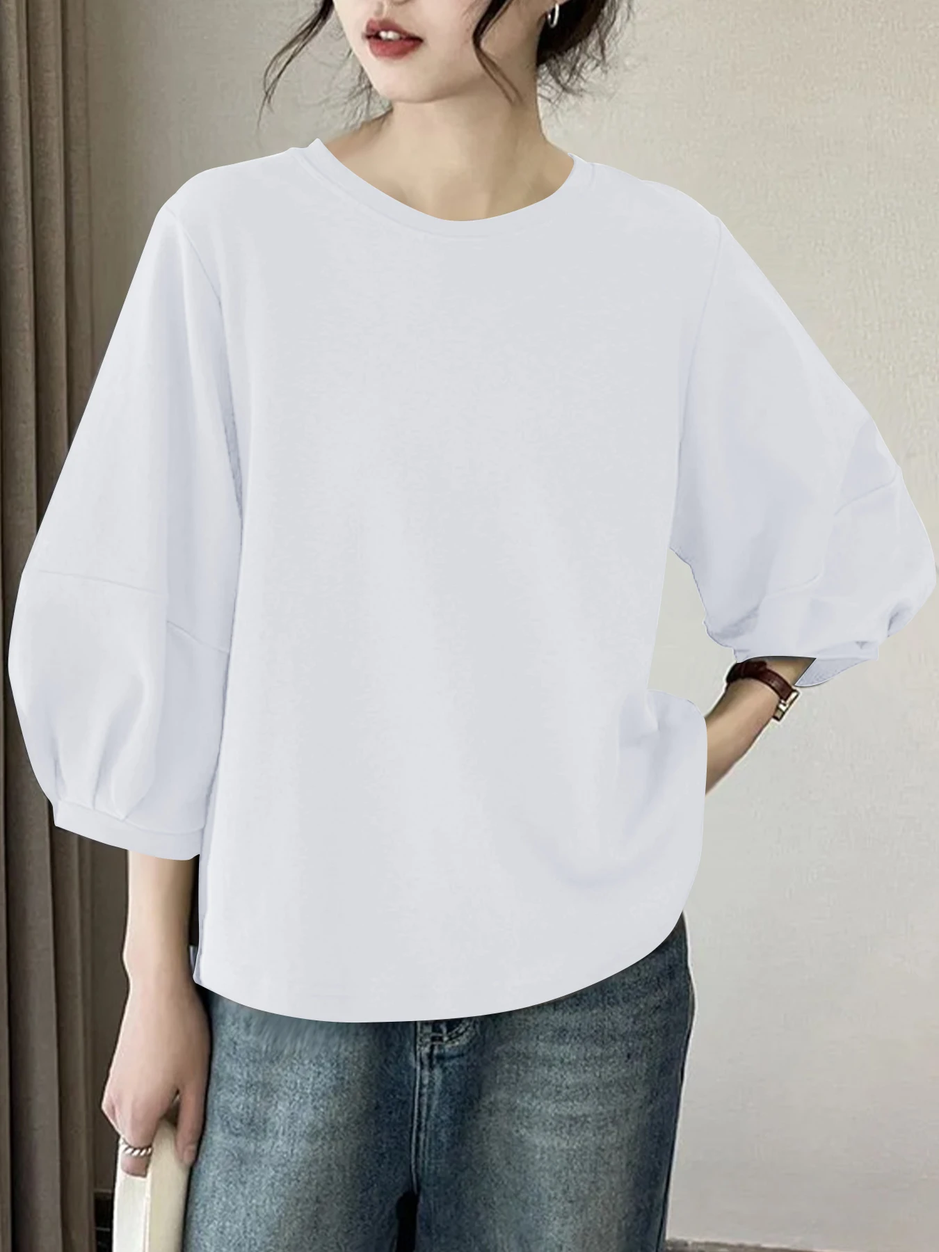 Damen-Tops mit 3/4-Ärmeln, Rundhalsausschnitt, lässig, trendig, lockere T-Shirts – Detail 12