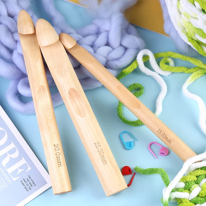 TLKKUE 15/20/25/30 mm Wooden Crochet Hooks Yarn Sewing Knitting Needles Embroidery DIY Craft Knitting Tools Hooks Knit Weave