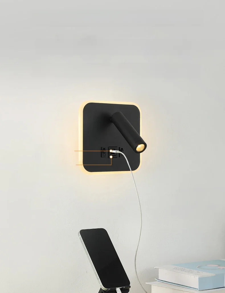 Applique murale LED multifonctionnelle contemporaine avec interrupteur, lampe de lecture réglable moderne, ports de charge USB pour chambres et bureaux