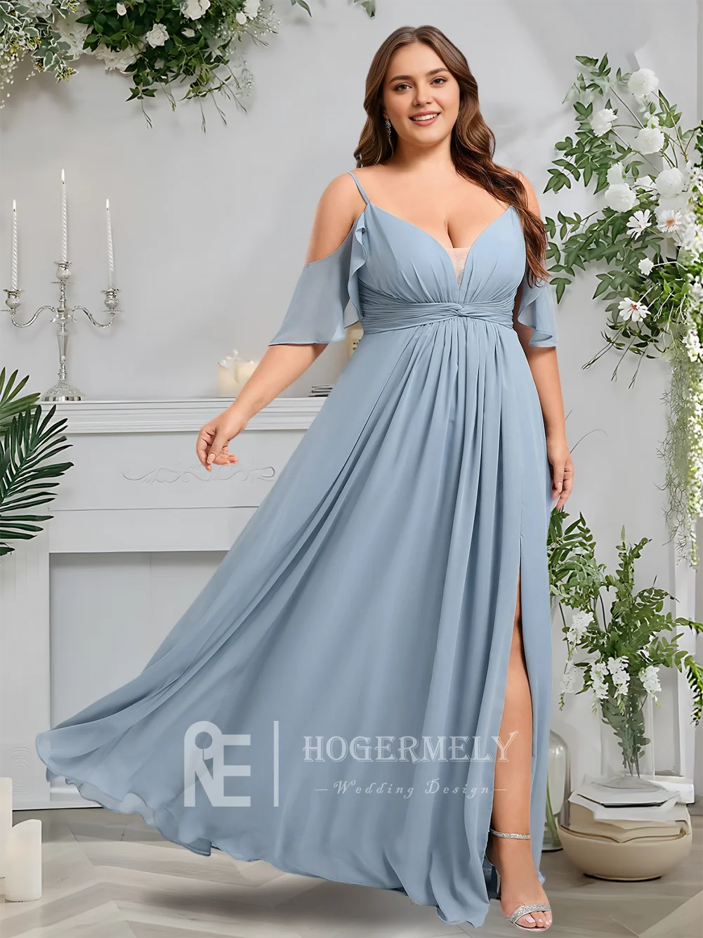 

A Dusty Blue A-Line Cold Shoulder Floor-Length Chiffon Bridesmaid Dresses With Ruffles Wedding Party Guest Cocktail 2025​