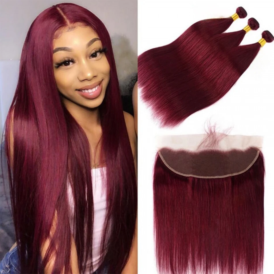 

Straight Hair Bundles with HD Lace Frontal 99j Burgundy 3 Bundles with 13x4 HD Lace Frontal Red Wine Color Remy Human Hair Weave