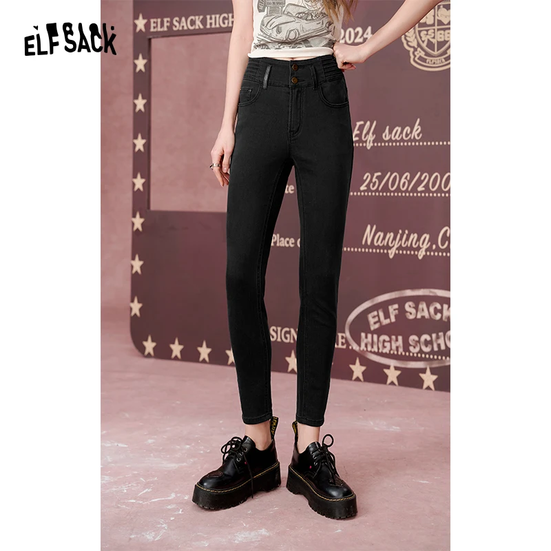 

ELFSACK 2024 Autumn New Arrivals Black Versatile high waist skinny denim leggings for women