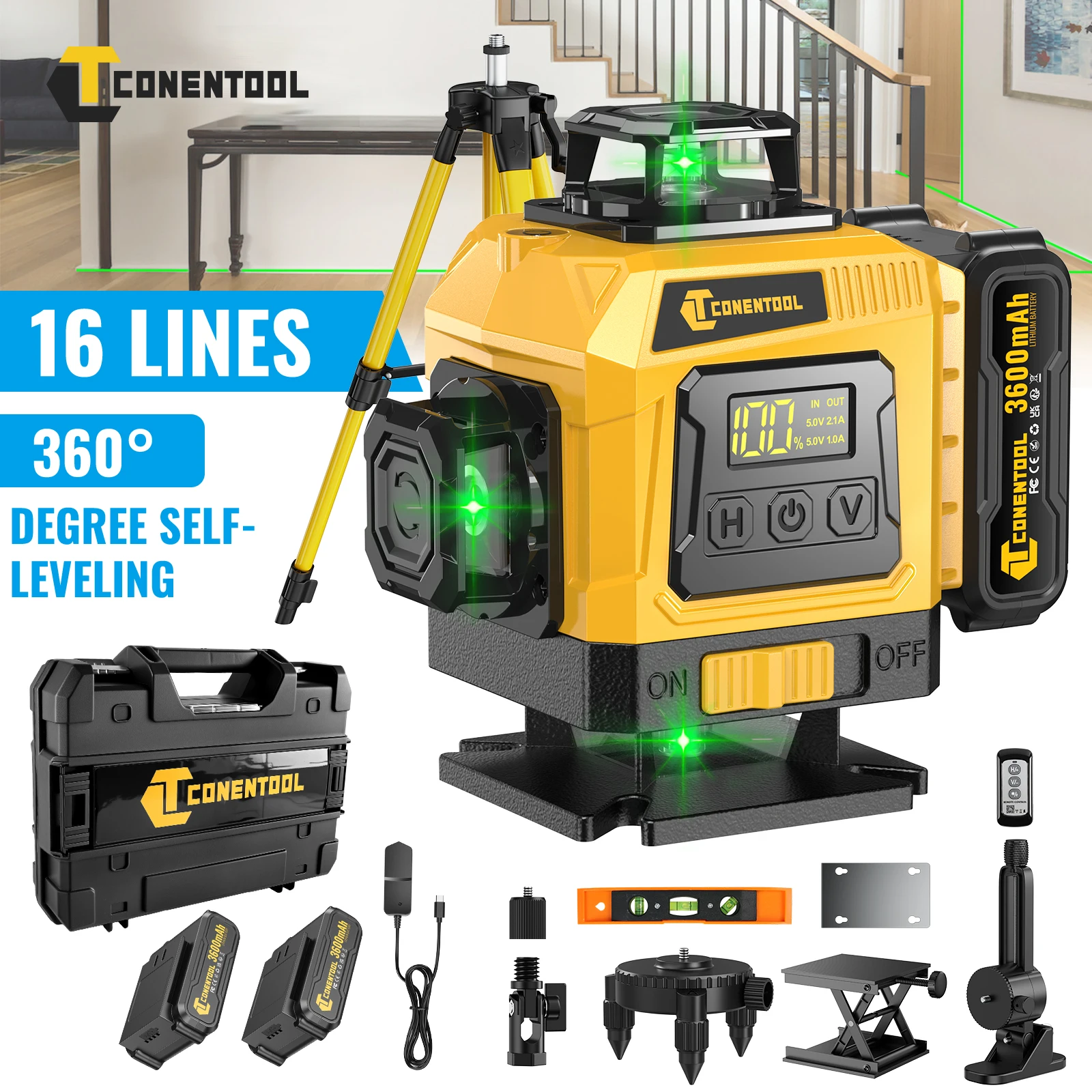 CONENTOOL 4D 16 Lines Laser Level 360° Self-Leveling Cross Line Tripod Remote Control 3.6Ah Battery Professional Measuring Tool
