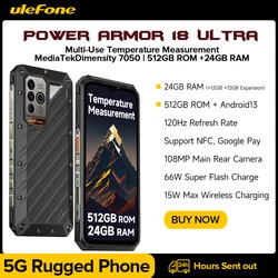 Ulefone-Power Armor 18 Ultra 5G Smartphone,512GB ROM + 24GB RAM,Android 13 Rugged Phone,108MP ,9600 mAh, 66W, NFC, 120Hz, 6.58