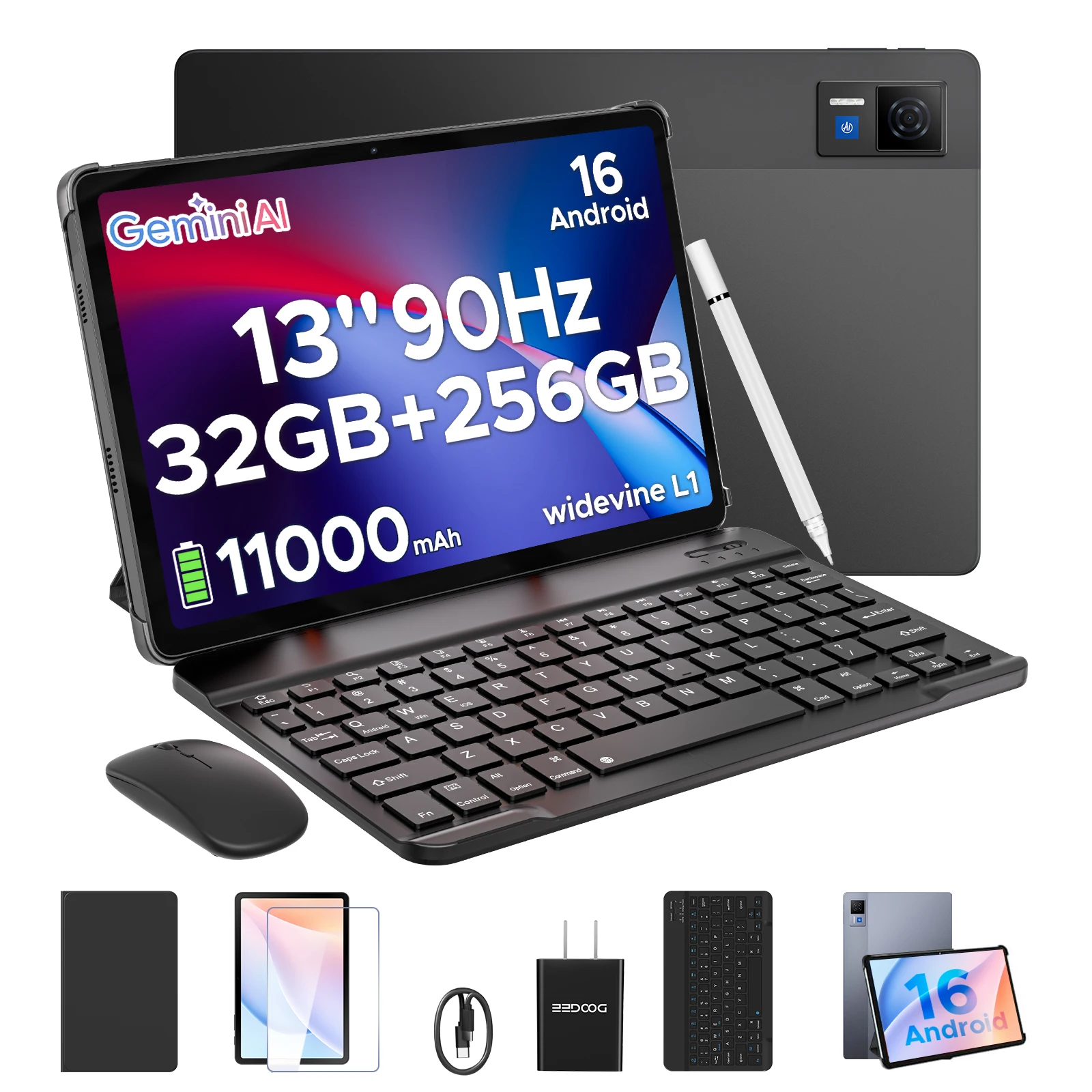DOOGEE U13 Android 16 Tablet 2-in-1 tablet 13 inch IPS FHD+ 90Hz scherm 11000mAh batterij 32GB RAM (6+26) 256GB ROM T7280 Octa-Core