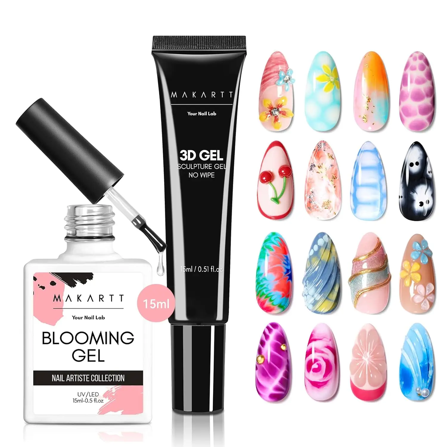 

Makartt Blooming Gel & 3D Gel Nail Art Kit: Clear DIY Nail Art Supplies for Watercolor Marble Spreading Effect & 3D Drawing Mold