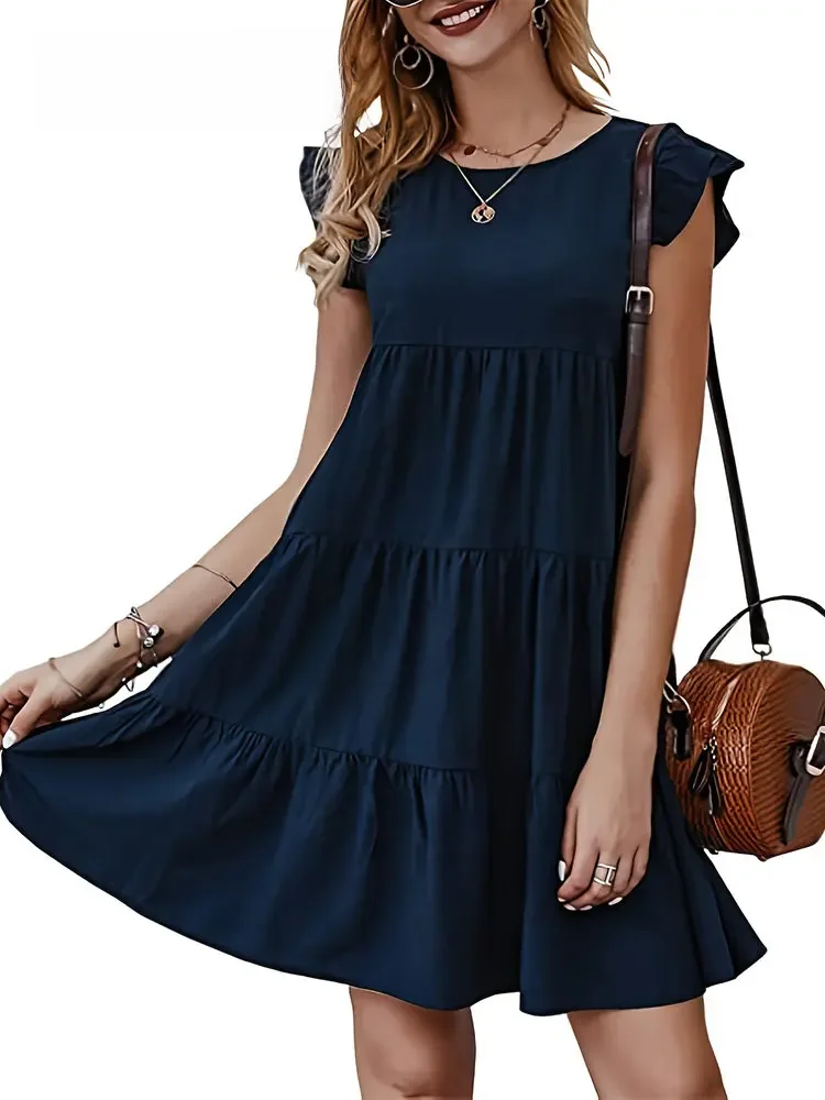 Damska elegancka, z falbanami Mini sukienka na co dzień solidna O dekolt impreza na plaży Sundress prosta elegancka, luźna krótka sukienka Vintage Harajuku vestido — zdjęcie 2