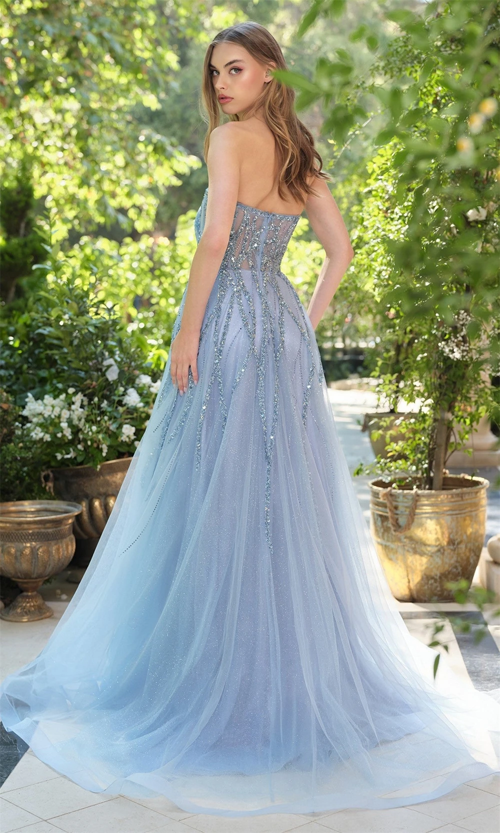 Sansa Customized Shiny Sequins A-line Baby Blue Strapless Prom Dresses Sleeveless Vestidos De Noche Floor-Length Formal Evening image 2