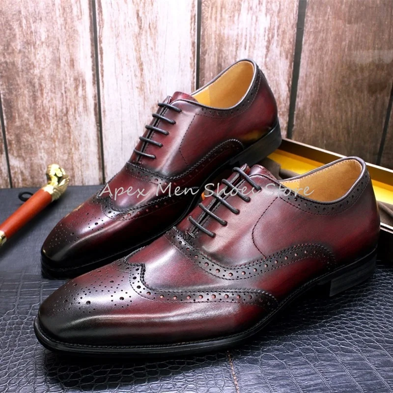 

Dark Brown Cowhide Embossed Dress Shoes Vintage Genuine Leather Lace Up Brogues Oxfords Men's Classic Business Derby Shoes