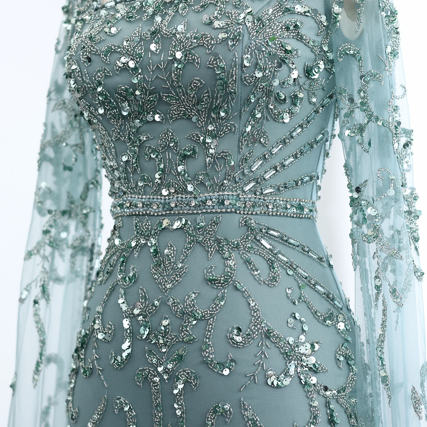 Sharon Said 2026 Luxuriöses Arabisches Türkisfarbenes Abendkleid mit Cape-Ärmeln, Quadratischem Ausschnitt, Arabian Nights Ballkleid SS469 Maßanfertigung – Detail 10
