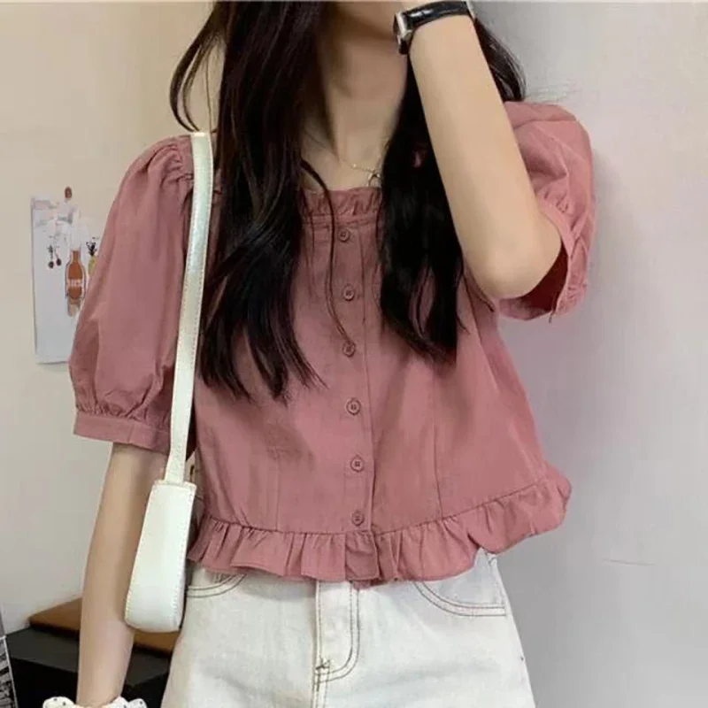 Coréen été à volants élégant en mousseline de soie Cool Blouse femmes jeune mignon recadrée hauts Chic à manches courtes chemise féminine