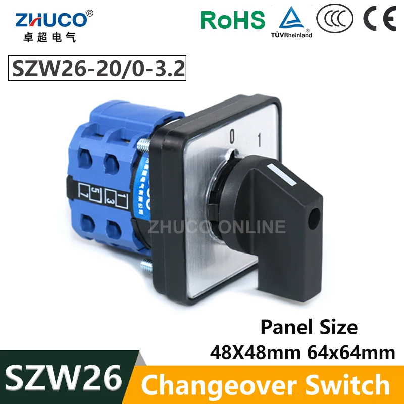ZHUCO SZW26/LW26-20 20A 64X64 Mm 48X48 Mm 0-1-2-3 Two Pole Four Position Power Knob Selection Universal Changeover Cam Switch