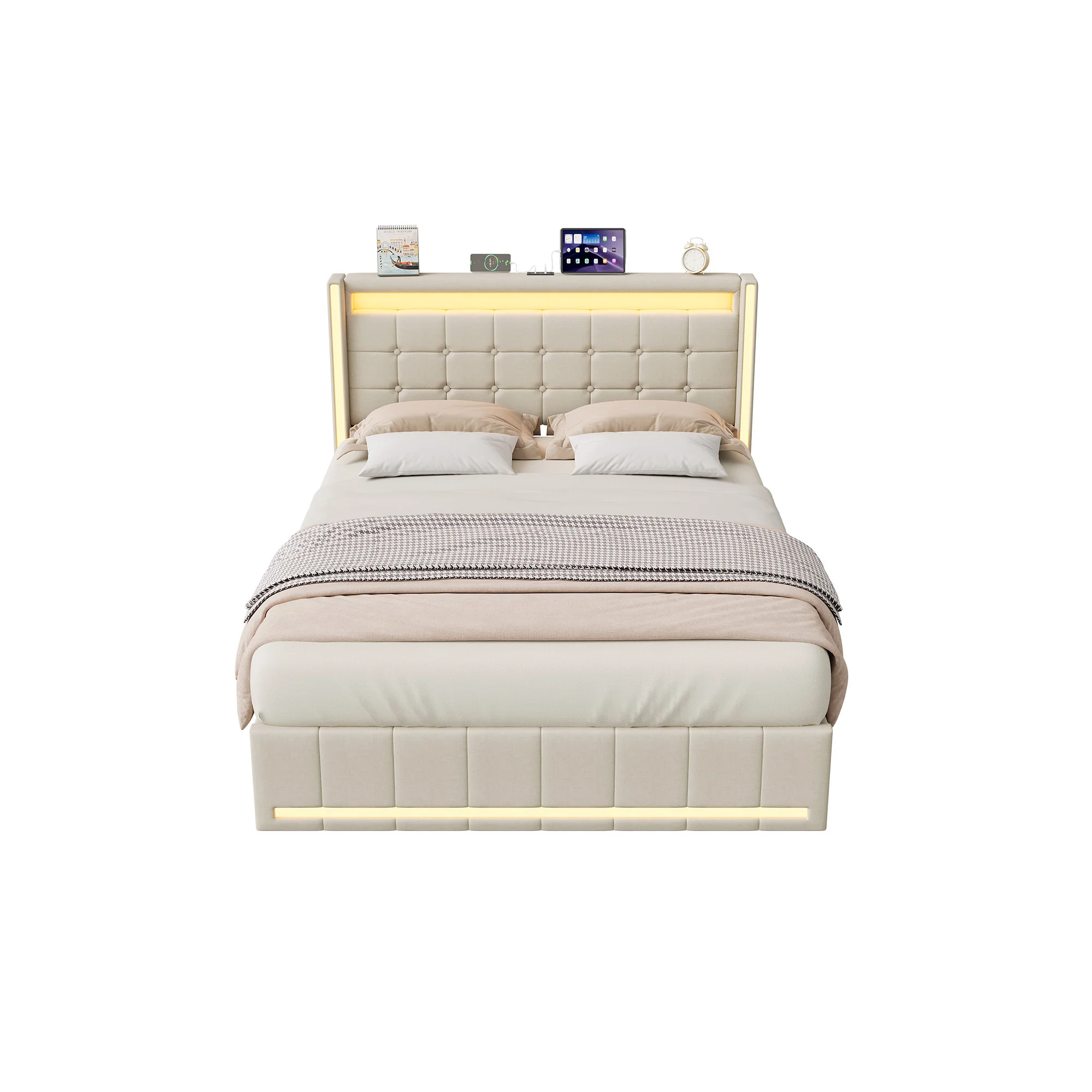 4ft6 Double Bed Frame Upholstered Platform Bed with 4 Storage Drawers & LED Storage Headboard, Linen Beige Functional Beds with LED Lighting & Charging Station,Metal-Wood Support, 3ft/4ft6/5ft bed image 3