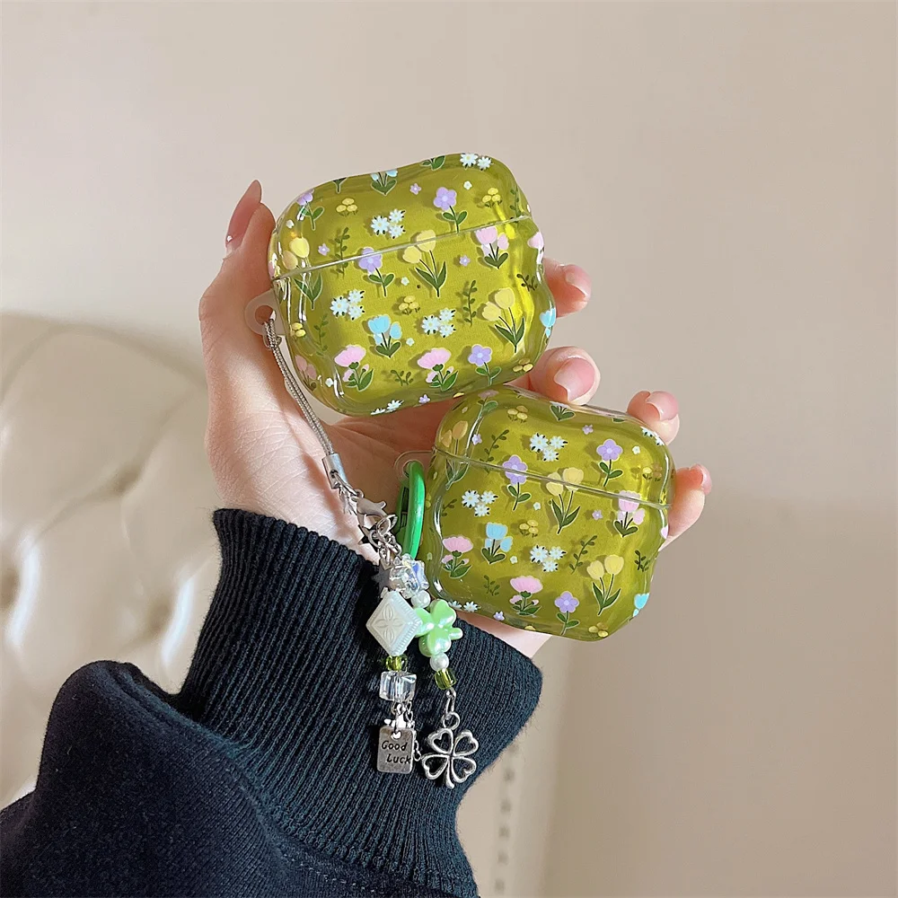 

Korean Small Flower Earphone Case With metal Charm for Apple Airpods Pro2 Pro3 Airpods 4 3 2 Case Silicone Headphone Cover Capa