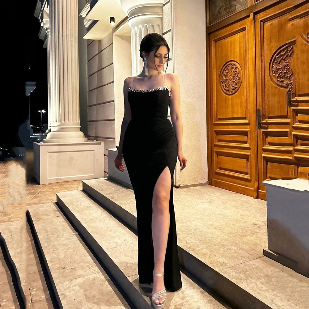 

Msikoods Customized Black Prom Dress 2025 Strapless Rhinestone Mermaid Party Dress High Slit Sexy Formal Evening Dress Woman