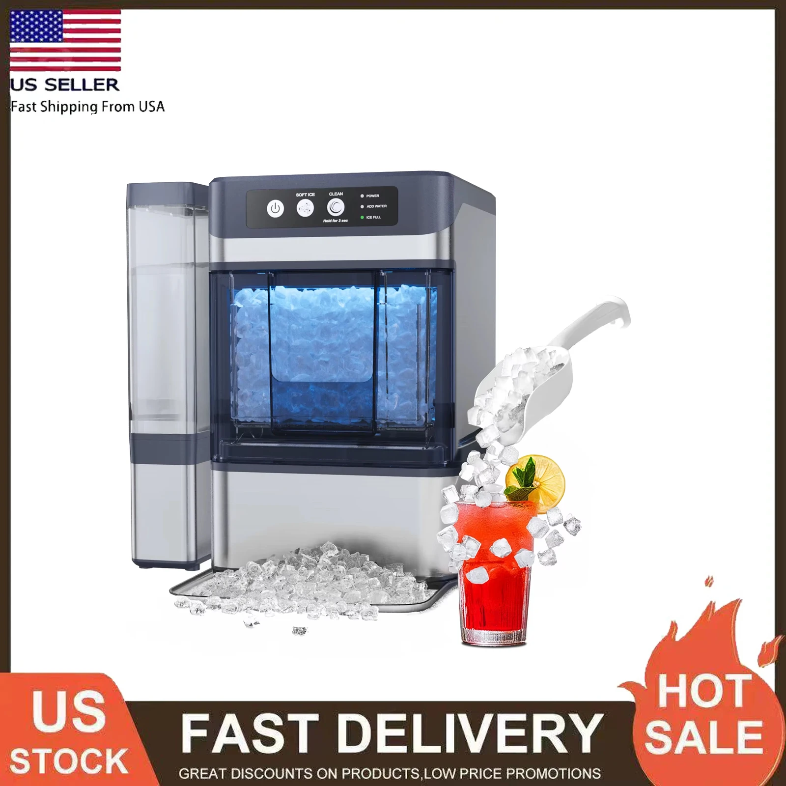 الكتلة صانع الثلج كونترتوب مع خزان المياه الجانبية 40 رطل/يوم التنظيف الذاتي حصاة آلة صنع الثلج لينة مضغ بيليه الجليد