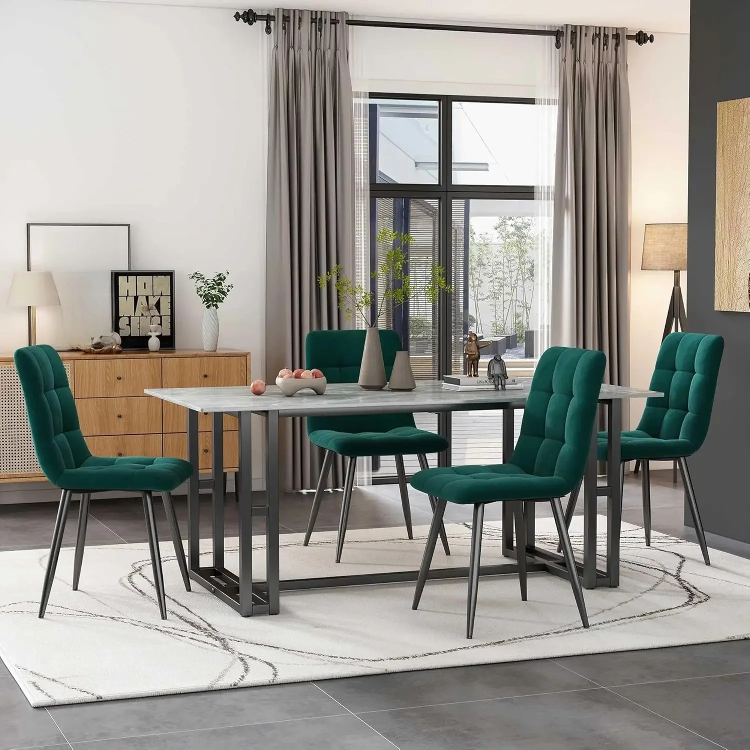 Dining Chair 4 pcs 4-Set Upholstered Chair Design with Backrest Seat in Velvet Metal Frame (Green)