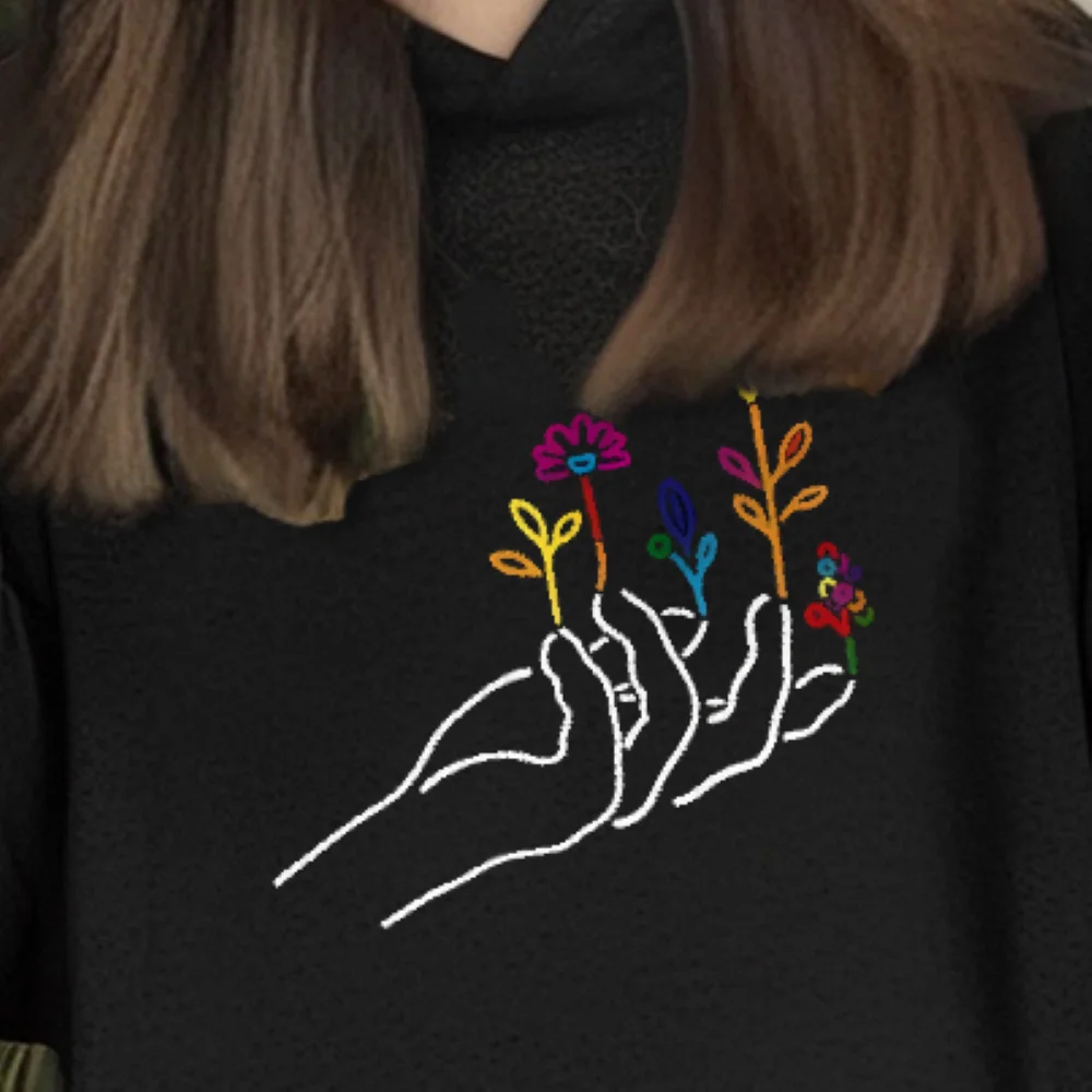 ハンドフラワーパーカー芸術的な植物グラフィック秋冬カジュアルルーズ長袖トレンディなリラックス快適な布トップス