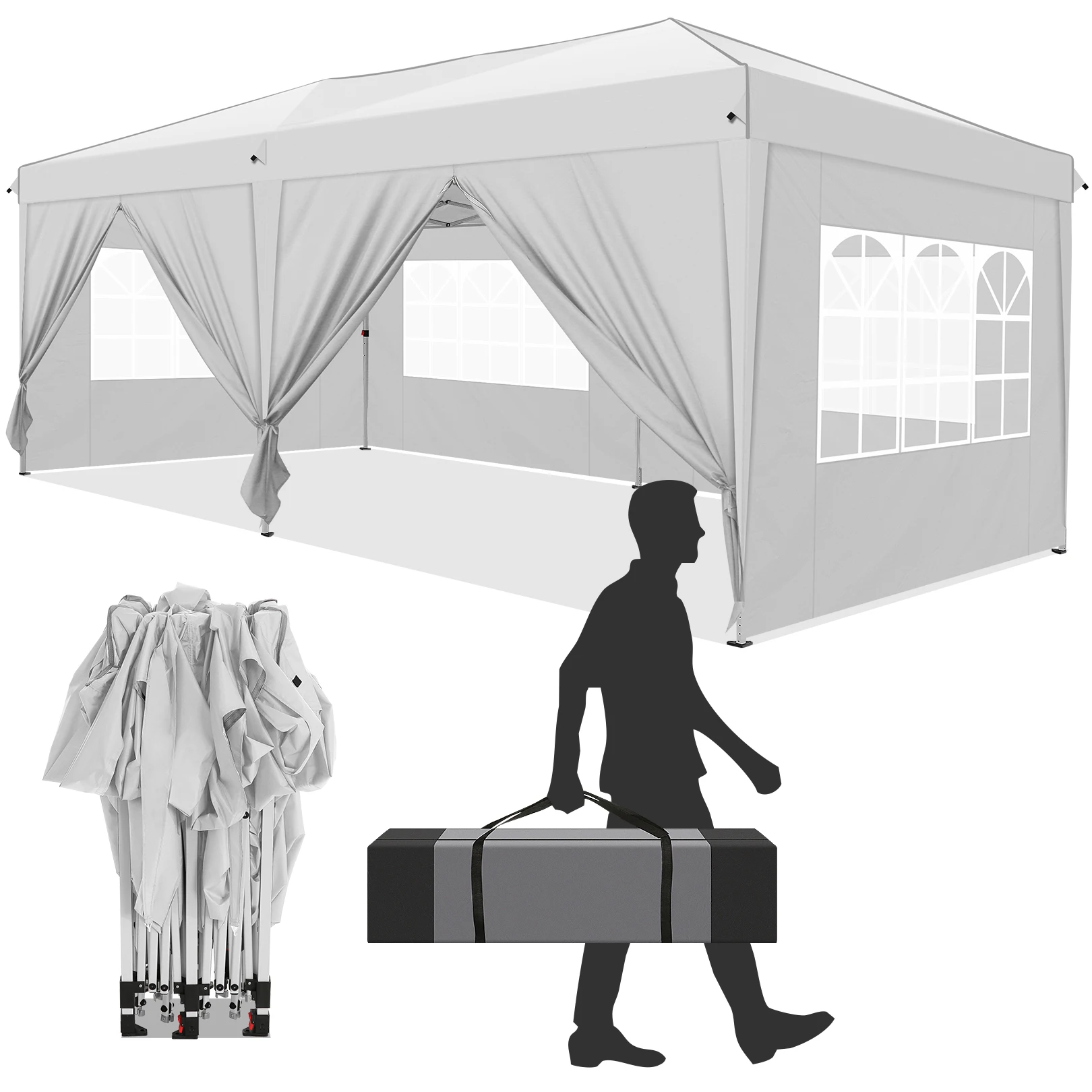 3x6m Pop-up Gazebo Foldable Party Tent with 6 Sidewalls, Easy Assembly for Weddings, Commercial Use, UV50+ Protection Steel Frame