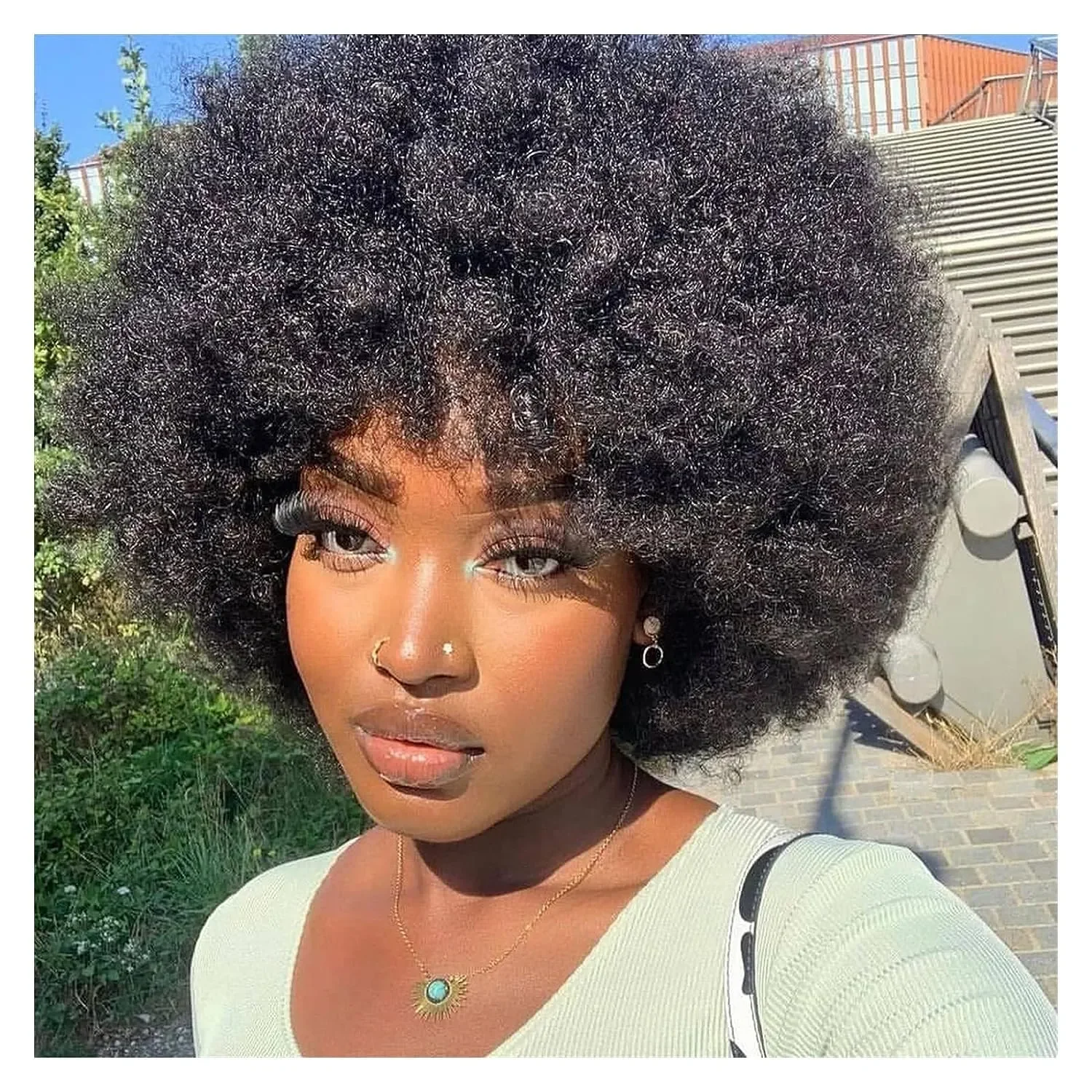 Short Afro Kinky Curly Human Hair Wig With Bangs Fluffy Natural Bob Wigs Brazilian Full Machine Made Wigs On Sale  180% Density image 5