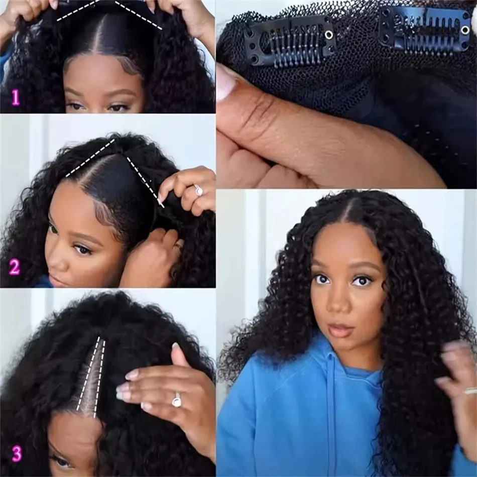 Kinky Curly V Part Wig 100% Human Hair Wigs Brazilian Upgrade 200% Density V Part Wig Curly Human Hair Wig For Black Women