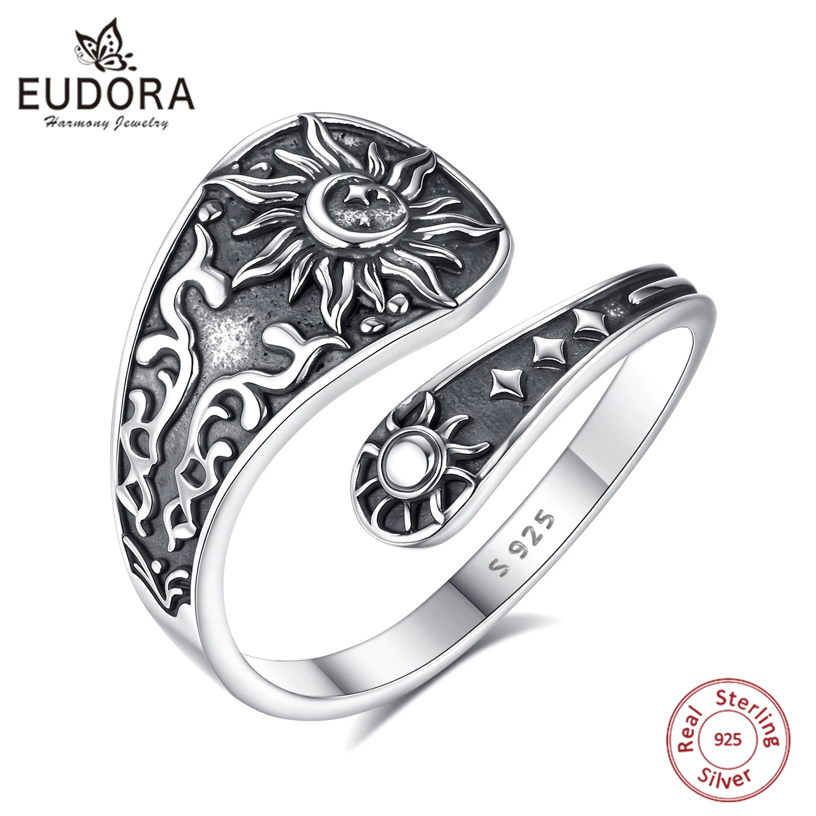 Eudora 925 Sterling Silver Sunflower Adjustable Ring Vintage Sun Moon Celestial Open Ring Spiritual Jewelry Gift for Women Men