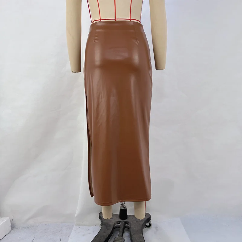 SKMY Women Clothing 2025 Autumn And Winter New Fashion Solid Color PU Leather Skirts High Waist Pleated Split Skirts Party