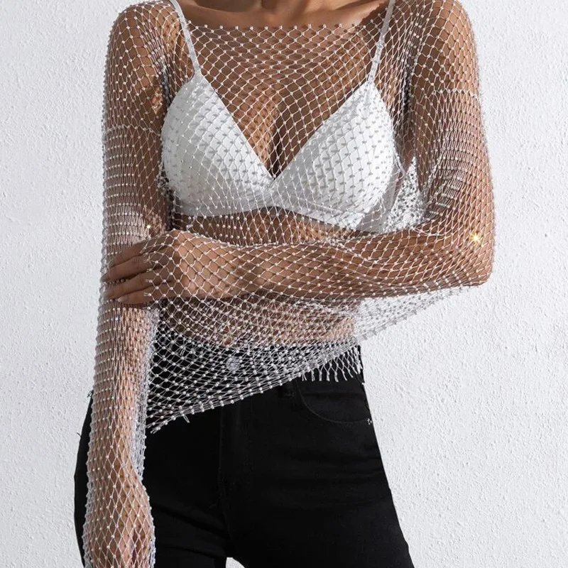 

AKYZO Women's Sparkly Rhinestone Fishnet Sexy T-Shirt Mesh See Through Long Sleeve Y2K Crop Top Rave Party Club Summer Beach Tan