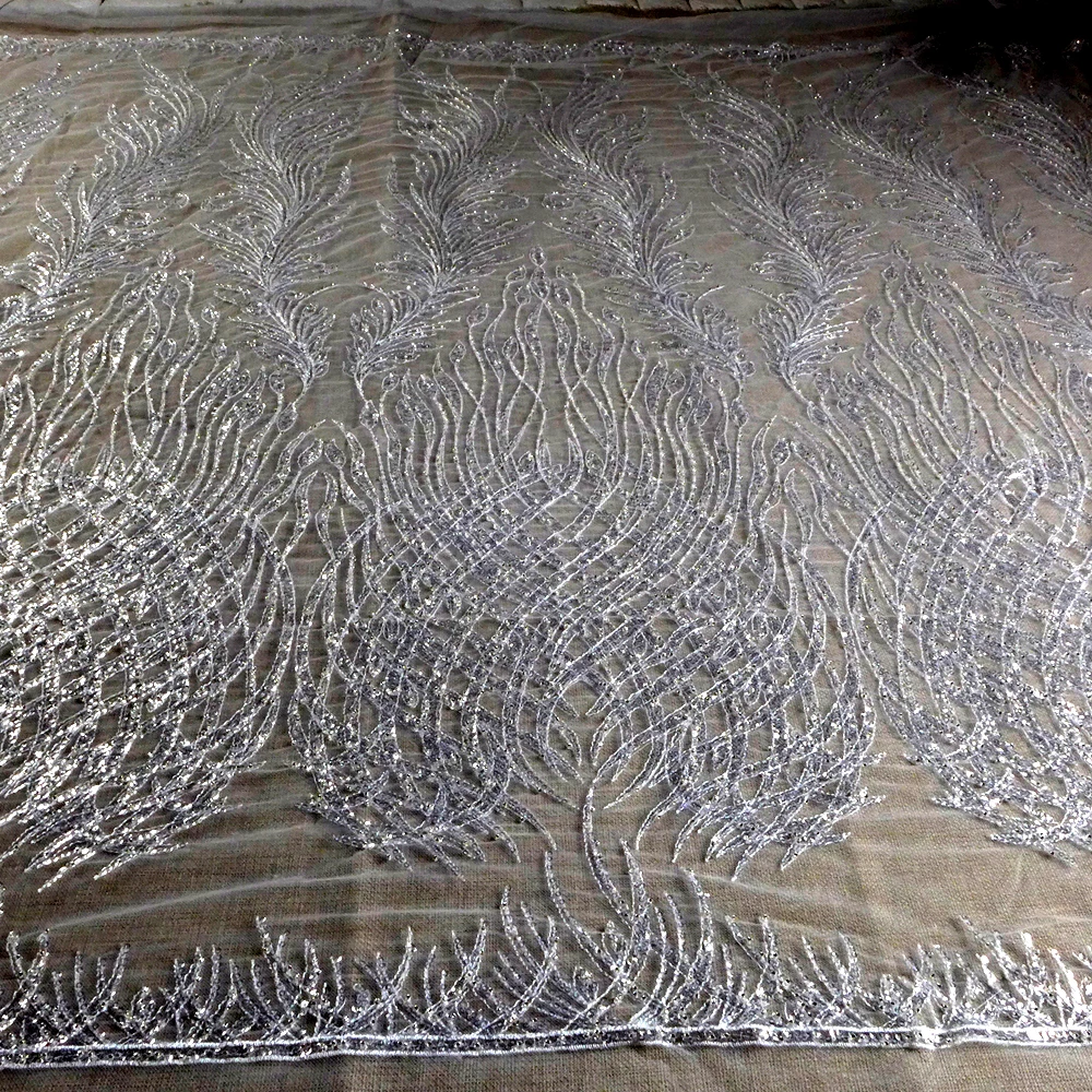 HelluyerDc Hot popular Silver beaded lace fabric,lines patterns embroidery for wedding prom dress sepacial designs fabric